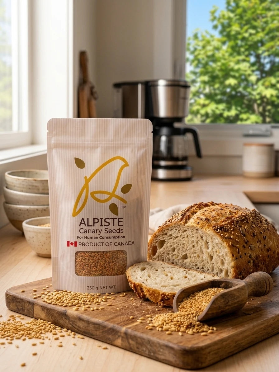 A stand-up pouch of Alpiste Canary Seeds for Human Consumption stands on a wooden cutting board next to a sliced loaf of bread and a wooden scoop filled with seeds in a bright kitchen setting.