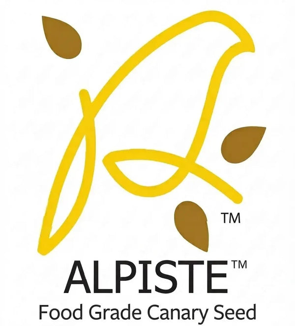 Alpiste food grade canary seed logo featuring a stylized yellow bird outline with brown leaves on a white background, with the text 'ALPISTE TM' and 'Food Grade Canary Seed' below.