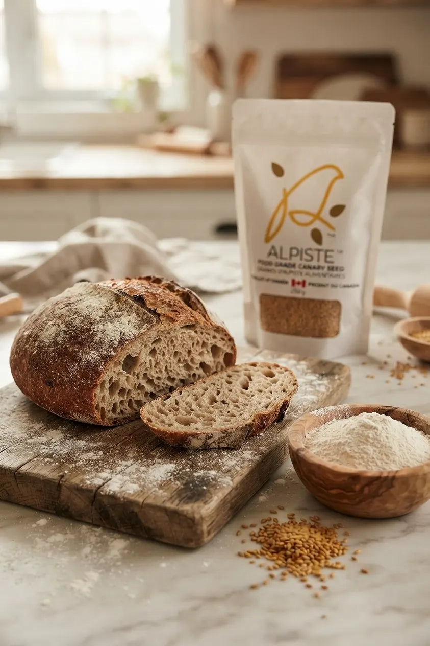Annanda Alpiste Food Grade Canary Seeds with bread and alpiste flour on wooden board in kitchen