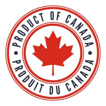 A circular red and navy 'Product of Canada' emblem with a red maple leaf in the center on a white background.